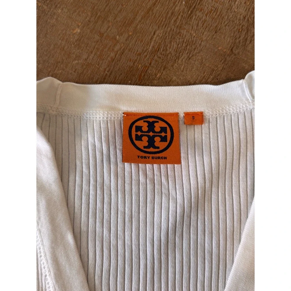Tory Burch White Ribbed Cotton Simone Cardigan Gold Logo‎ Buttons Small